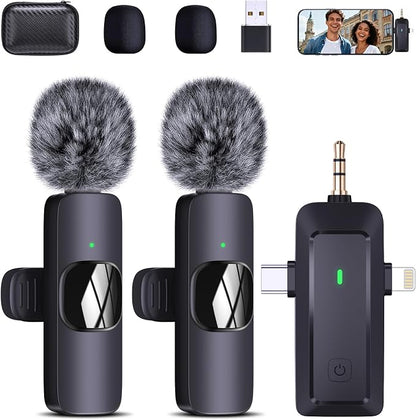 wireless lavalier microphone, suitable for iPhone/Android phones/cameras/computers/four in one lavalier microphone, suitable for video and audio recording, TikTok, etc., with microphone Bags, black