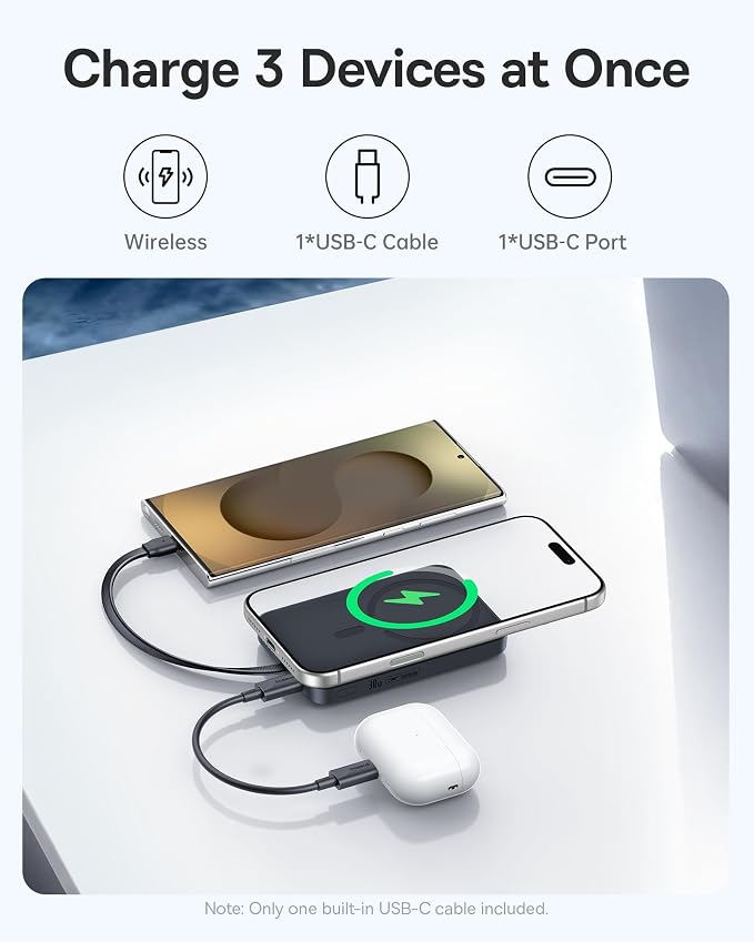 Baseus Magsafe Power Bank, 10,000mAh 30W Magnetic Portable Charger, Fast Charging Wireless Battery Pack with Built-in Braided USB-C Cable for iPhone 17 Pro Max/Air/16/15/14/13, AirPods, iPad and More