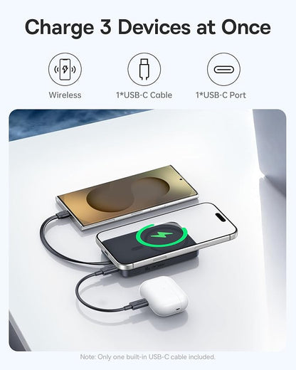 Baseus Magsafe Power Bank, 10,000mAh 30W Magnetic Portable Charger, Fast Charging Wireless Battery Pack with Built-in Braided USB-C Cable for iPhone 17 Pro Max/Air/16/15/14/13, AirPods, iPad and More