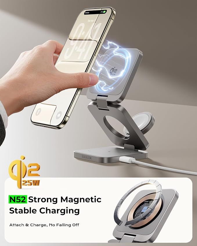 3 in 1 Charging Station for Apple - Qi2.2 25W Magnetic Wireless Charger for iPhone 17, Apple Watch, AirPods, Travel Fast Charging Foldable Stand with 45W GaN Adapter, Aluminum Alloy Design