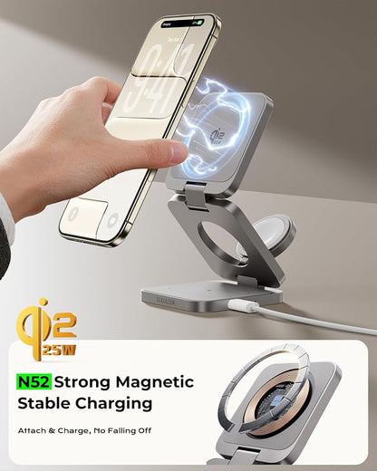 3 in 1 Charging Station for Apple - Qi2.2 25W Magnetic Wireless Charger for iPhone 17, Apple Watch, AirPods, Travel Fast Charging Foldable Stand with 45W GaN Adapter, Aluminum Alloy Design