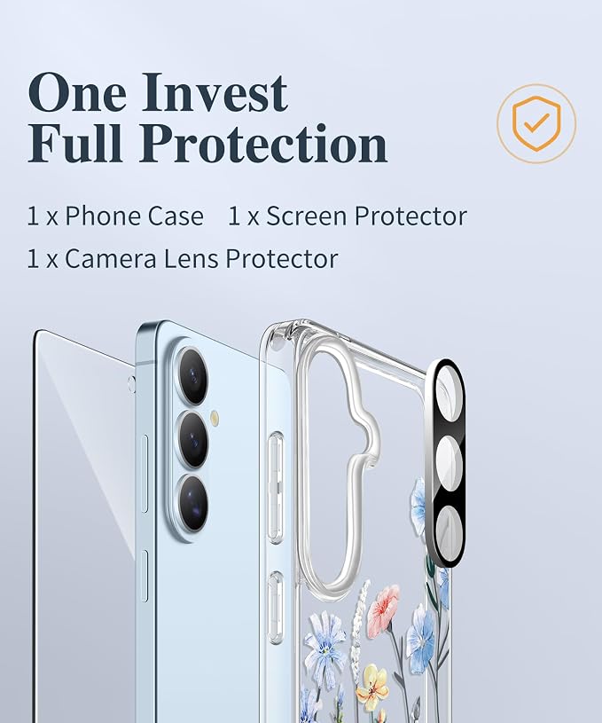 GVIEWIN for Samsung Galaxy S26 Plus Case, Clear Floral Slim Shockproof Protective Women Phone Case, Non-Yellowing, with Screen Protector&Camera Lens Protector for S26 Plus 6.7", Aconite/Light Blue