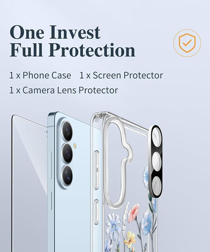 GVIEWIN for Samsung Galaxy S26 Case, Clear Floral Slim Shockproof Protective Women Phone Case, Non-Yellowing, with Screen Protector & Camera Lens Protector for Galaxy S26 6.3", Aconite/Light Blue