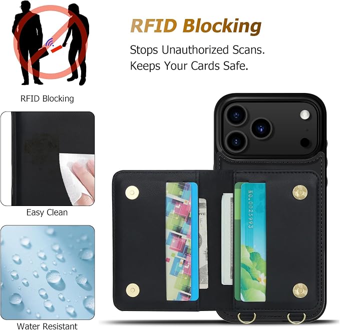 LOHASIC for iPhone 17 Pro Max Case Wallet with Detachable Crossbody Strap & Wrist Lanyard, RFID Blocking, 4 Card Slots 2 Cash Pockets, Vegan Leather Case with Card Holder for Women Girls, Black