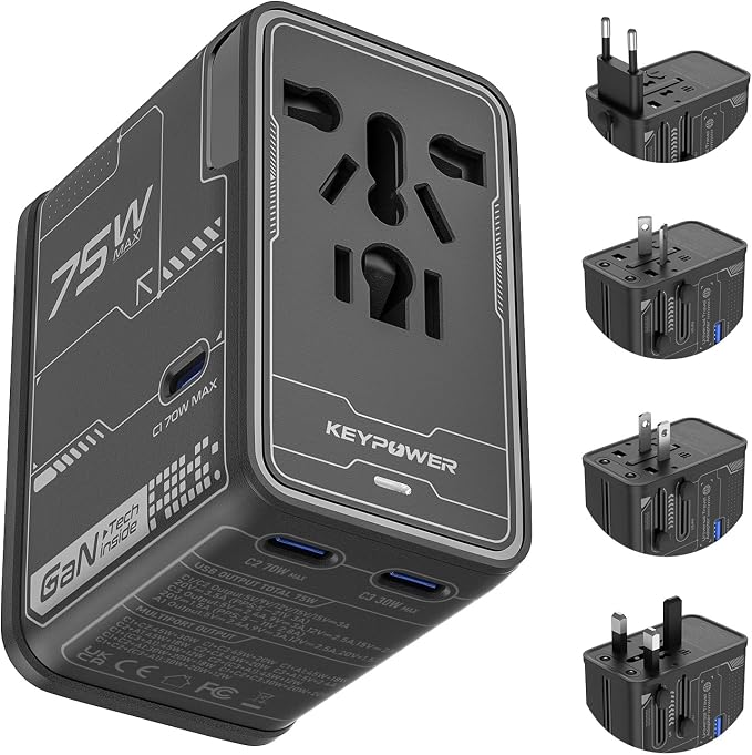 Universal Travel Adapter, 75W GaN International Power Adapter | All in One Travel Plug Adapter with 3 USB C, 1 USB A, Worldwide Outlet Wall Charger Converter for EU US UK AU 200+ Countries.