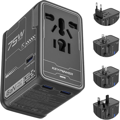 Universal Travel Adapter, 75W GaN International Power Adapter | All in One Travel Plug Adapter with 3 USB C, 1 USB A, Worldwide Outlet Wall Charger Converter for EU US UK AU 200+ Countries.