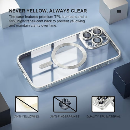 Misea Magnetic for iPhone 15 Pro Max Case [Never Yellowing] [Military Grade Drop Protection] Full Camera Lens Protector Soft Clear Phone Case for Women Girls, Titanium Silver