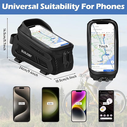 Bike Phone Front Frame Bag, Waterproof Bike Phone Holder Bag with TPU Touch-Screen & Sun-Visor, Bike Bag Accessories Compatible Phone Under 7”
