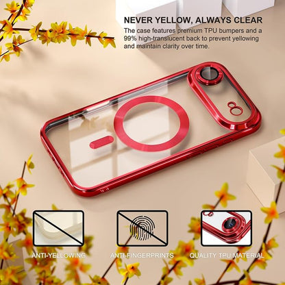 Misea Magnetic for iPhone 17 Air Case Compatible with MagSafe [Never Yellowing] [Military Grade Drop Protection] Full Camera Lens Protector Plating Soft Clear Phone Case for Women, Red