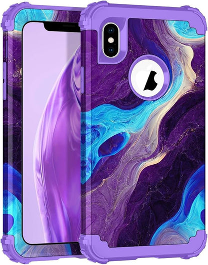 Hocase for iPhone Xs Max Case, Heavy Duty Shockproof Protection Soft Silicone Rubber+Hard Plastic Bumpers Hybrid Protective Case for iPhone Xs Max (6.5") 2018 - Blue Purple Marble