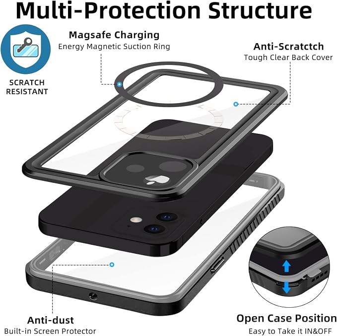 WIFORT Magnetic for iPhone 12 Waterproof Case - [Certified Water Proof & Military Protection] with [Built-in Screen Protector], Full Body Shockproof Phone Case Cover for iPhone 12 6.1"