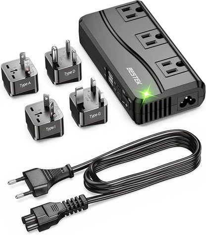 BESTEK Universal Travel Adapter 220V to 110V Voltage Converter, 300W Step Down Power Converter with 4 USB Ports(PD20W) & 3 AC Outlets and EU/UK/AU/US/India Worldwide Plug Adapter