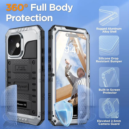 Mitywah Waterproof Case for iPhone 16, Shockproof Heavy Duty Case with Built-in Screen Protector, Underwater Full Body Protective Metal Case 6.1 inch, Silver