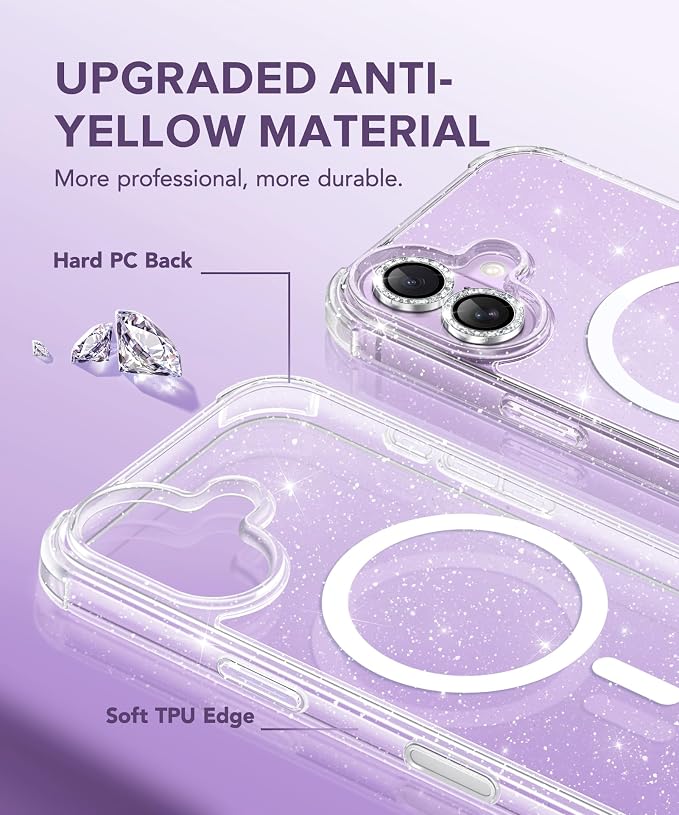 BERFY for iPhone 17 Case for Women, Clear Glitter Shockproof Protective Case, Anti-Yellowing, with Screen Protector & Camera Lens Protector 6.3", Magnetic Diamond Sparkle