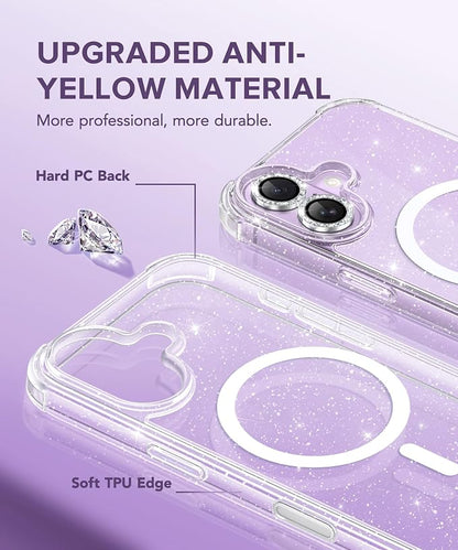 BERFY for iPhone 17 Case for Women, Clear Glitter Shockproof Protective Case, Anti-Yellowing, with Screen Protector & Camera Lens Protector 6.3", Magnetic Diamond Sparkle