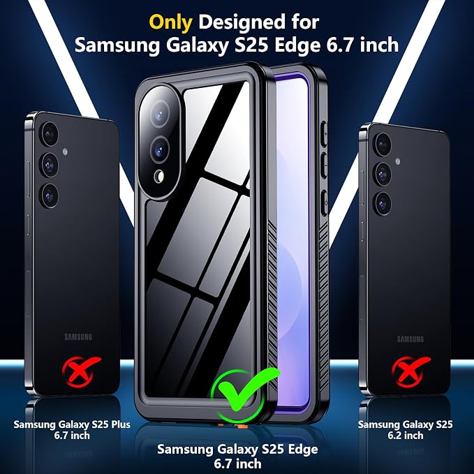SPIDERCASE for Samsung Galaxy S25 Edge Case Waterproof, Built-in Screen&Camera Lens Protector, [IP68 Underwater][12FT Military Grade Shockproof] Phone Case, Purple/Clear
