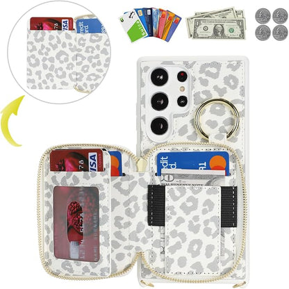 Crossbody Wallet Case for Galaxy S24 Ultra, PU Leather Zipper Handbag Purse Flip Cover, Kickstand Folio Case with Card Slots Holder Wrist Strap Lanyard -White Leopard