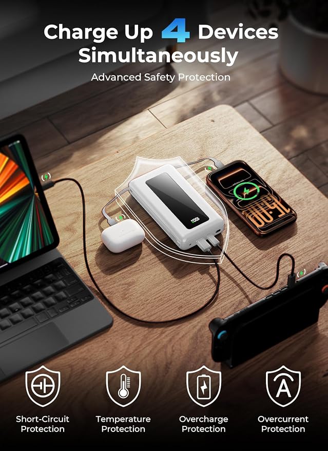 Portable Charger Power Bank, 50000mAh Travel Camping Essential Battery Pack with Built-in Cables, PD 22.5W Fast Charging, Ivory White