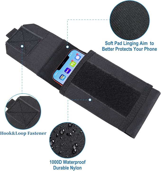Black Tactical Molle CellPhone Pouch Case,Heavy Duty Waterproof Phone Holster Bag for iPhone 11 12 13 Pro Max For Samsung S22 S21 S20 FE Note 20 A13 A12 A02S Less 6.7" Phone with 4 Pack Patches