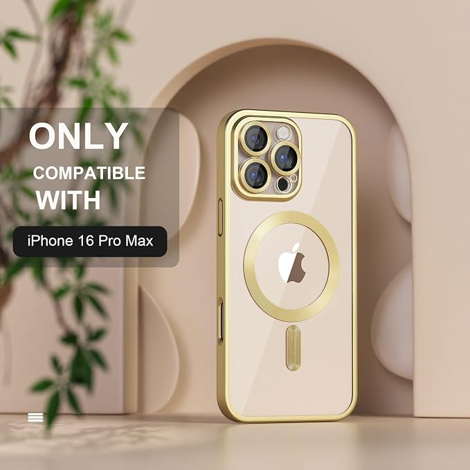 Misea Magnetic for iPhone 16 Pro Max Case Compatible with MagSafe [Never Yellowing] [Military Grade Drop Protection] Full Camera Lens Protector Plating Soft Clear Phone Case for Women, Titanium Gold