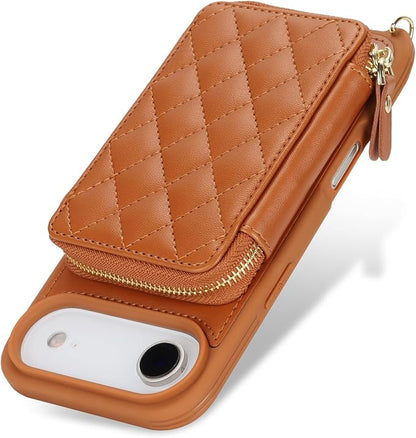 Crossbody Wallet Case for iPhone Air, PU Leather Zipper Handbag Purse Flip Cover, Kickstand Folio Case with Card Slots Holder Wrist Strap Lanyard 5G 6.5 Inch-Brown