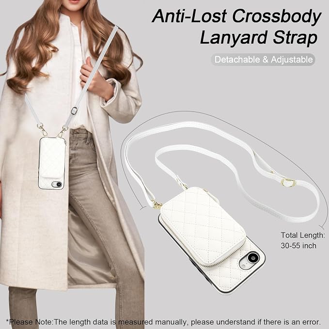 Bocasal Crossbody Wallet Case for iPhone 17e/16e, RFID Blocking PU Leather Zipper Handbag Purse Flip Cover, Kickstand Folio Case with Card Slots Holder Wrist Strap Lanyard 6.1 Inch 5G (White)