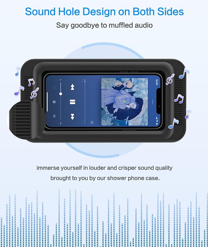 Waterproof Shower Phone Holder with 480° Rotation and Angle Adjustable, Enhanced Sound Quality, Fits Phones up to 7 Inches（Black）