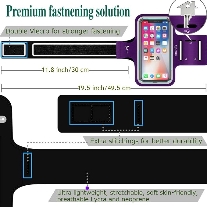 Arm Phone Holder for Running, Universal Cellphone Armband for iPhone 15 14 13 12 11 Pro/XR/XS/X/SE/8/7/6s/6, A/S/J, Up to 6.1’’, Sport Armband for Gym, Sports, Workout-Purple