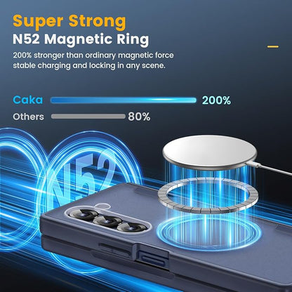 Caka Magnetic for Samsung Galaxy Z Fold 6 Case with Hinge Protection Blue | Compatible with MagSafe, Built-in Outer Screen Protector, Hinge Guard, Translucent Matte Back, 360° Hybrid Drop Defense