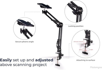 PHOTOMYNE Sturdy Flexible Phone Holder for Desk, Table, Office, Kitchen with Clamp for Photo Album Scanning, iPhone Holder for Desk- Black