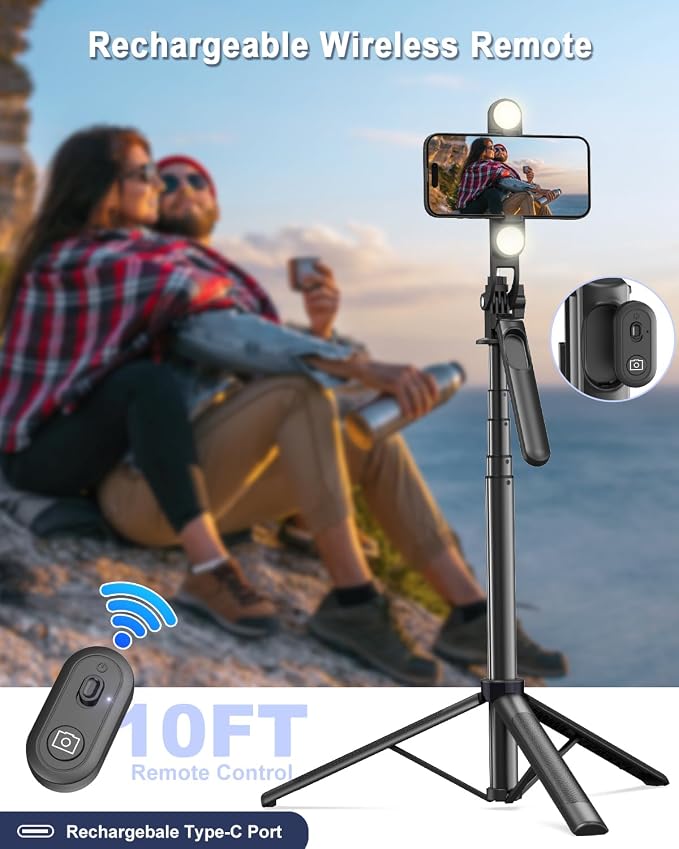 71" Phone Tripod,Tripod for iPhone with Fill Light and Rechargeable Remote,Aluminum Selfie Stick Phone Stand Compatible with Cell Phone/Camera/Ring Light/DJI/GoPro