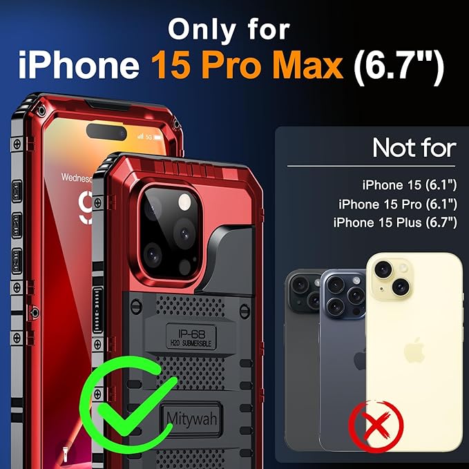 Mitywah Wateproof Case for iPhone 15 Pro Max, Heavy Duty Metal Cover for Surfing and Beach Trip, Military Grade Shockproof Full Body Phone Case with Built-in Screen Protector, 6.7", Red