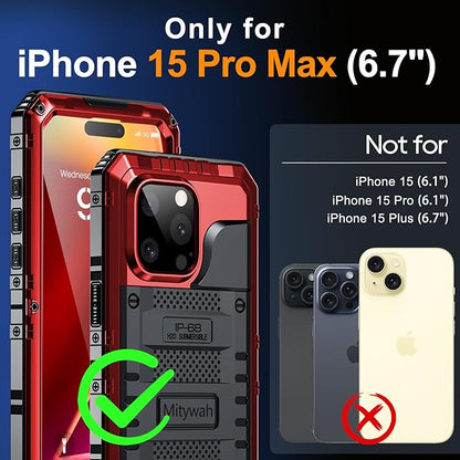 Mitywah Wateproof Case for iPhone 15 Pro Max, Heavy Duty Metal Cover for Surfing and Beach Trip, Military Grade Shockproof Full Body Phone Case with Built-in Screen Protector, 6.7", Red