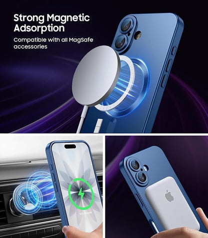 Magnetic for iPhone 17 Case [Compatible with MagSafe][Built-in Camera Lens Protector] Slim Thin Soft Silicone Bumper Shockproof Metallic Luster Phone Case (Blue)