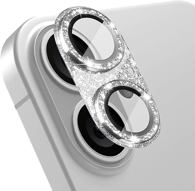 Camera Lens Protector for iPhone 16/iPhone 16 Plus, Bling Glitter Camera Cover with 9H Tempered Glass Metal Ring, Anti-Scratch Lens Protector for iPhone 16/iPhone 16 Plus (Glitter - Silver)
