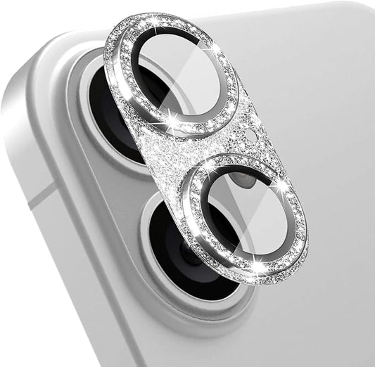 Camera Lens Protector for iPhone 16/iPhone 16 Plus, Bling Glitter Camera Cover with 9H Tempered Glass Metal Ring, Anti-Scratch Lens Protector for iPhone 16/iPhone 16 Plus (Glitter - Silver)