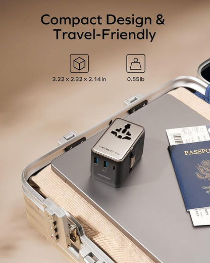 MOMAX 70W Universal Travel Adapter, 6-in-1 International Power Adapter with USB-C Retractable Cable, Dual-AC Plug Adapter PD Fast Charging Worldwide Wall Charger for US/UK/EU and Over 200 Countries