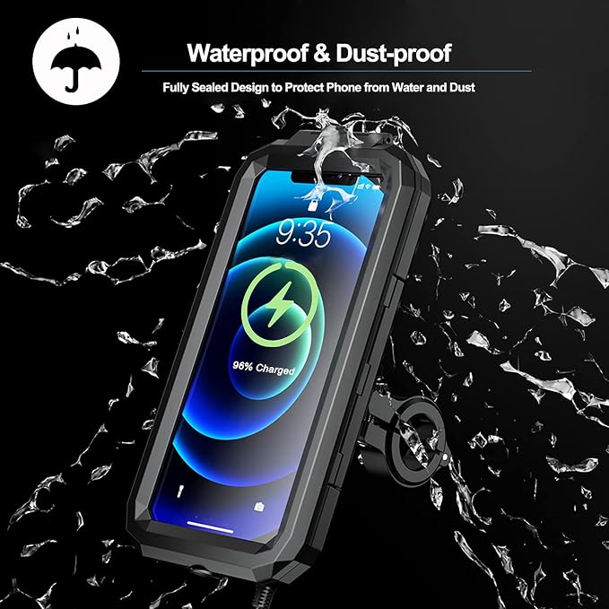 iMESTOU Waterproof IP67 Motorcycle Phone Mount Wireless/USB C Charger Handlebar Cellphone Holder Quick Charge for 5.5"-6.8" Phones, Work by Wiring to 12/24V Motorcycles or Plugging to USB A Sockets