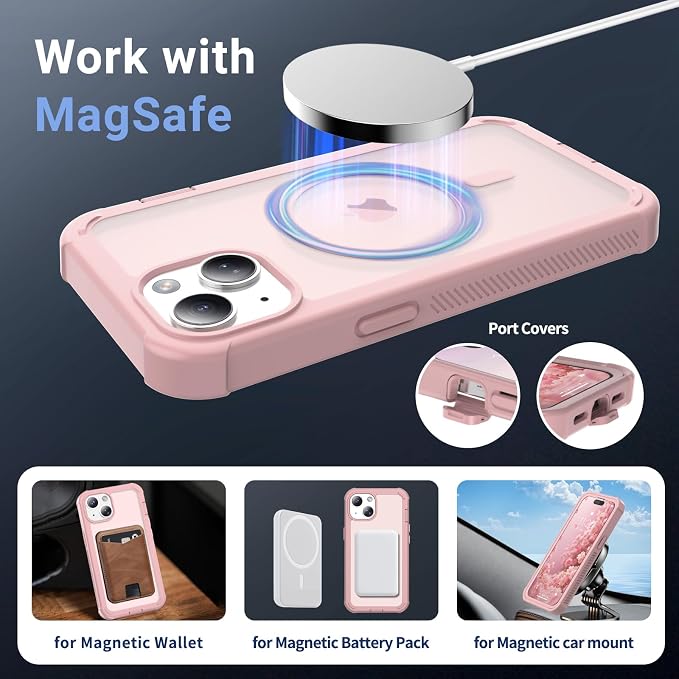 jaroco Magnetic for iPhone 14 Case, [Compatible with MagSafe][Military Grade Drop Protection][Heavy Duty Protection][Non-Slip][Shockproof] 2-Layer Durable Bumper Phone Case 6.1''-Light Pink