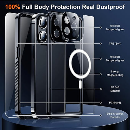 SPIDERCASE Magnetic for iPhone 13 Pro Max Case Waterproof,Built-in Screen & Camera Lens Protector[IP68 Underwater] [Military Grade Shockproof] Full Body Protection Phone Case,Black/Clear
