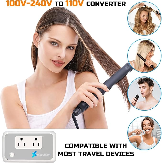 Voltage Converter US to Europe for Curling Iron and Hair Straighteners, 220V to 110V Converter for European Travel Plug Adapter with 2 USB A & 2 USB C Ports (Grey White-Global)