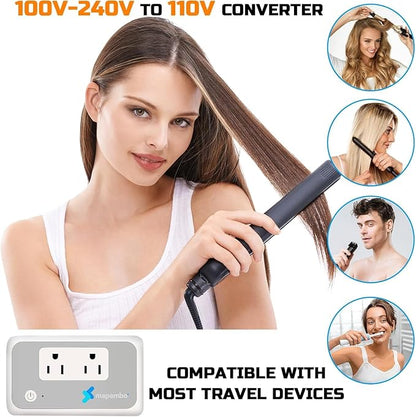 Voltage Converter US to Europe for Curling Iron and Hair Straighteners, 220V to 110V Converter for European Travel Plug Adapter with 2 USB A & 2 USB C Ports (Grey White-Global)