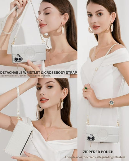 Crossbody Wallet Case for iPhone 16 Plus with Mirror, Wrist Strap, Zipper Purse Magnetic Flip RFID Blocking Card Holder, Wireless Charging, PU Leather Shockproof 6.7" Women (White)