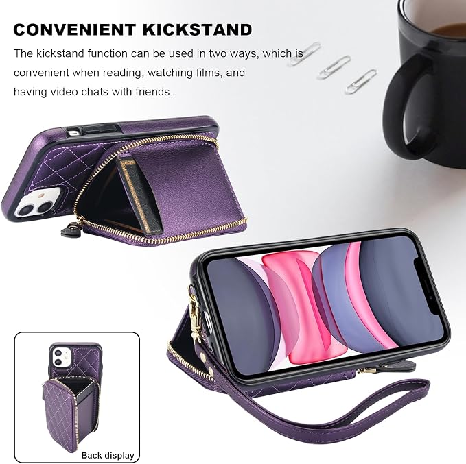 Bocasal Crossbody Wallet Case for iPhone 11, RFID Blocking PU Leather Zipper Handbag Purse Flip Cover, Kickstand Folio Case with Card Slots Holder Wrist Strap Lanyard 6.1 Inch (Dark Purple)