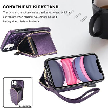 Bocasal Crossbody Wallet Case for iPhone 11, RFID Blocking PU Leather Zipper Handbag Purse Flip Cover, Kickstand Folio Case with Card Slots Holder Wrist Strap Lanyard 6.1 Inch (Dark Purple)