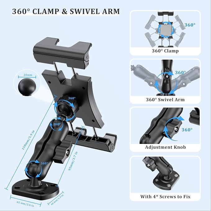 OHLPRO Tablet Holder for Car & Truck Dashboard Heavy Duty iPad Mount with Upgrade Double Spring Clamp & Drill Base 360° Rotating Arm for 5"-13" Tablets & Phones Kindle, Fit for Vehiclesa, Wall, Desk