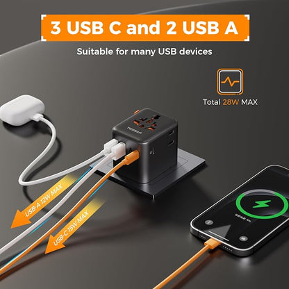 TESSAN Universal Travel Adapter, Black | 28W, 5 USB Ports (3 USB C), US to Europe UK France Germany Spain Australia, Type C G A I