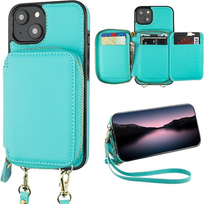 Bocasal RFID Blocking Wallet Case for iPhone 14 Plus, Adjustable Crossbody Zipper Purse Case Card Holder with Kickstand Detachable Wrist Strap, PU Leather Flip Folio Case 6.7 Inch 5G (Mint Green)