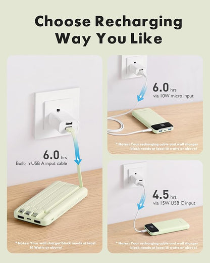 charmast Portable Charger with Reinforced Built-in 4 Cables,10000mAh Power Bank Travel Essentials 6 Outputs 3 Inputs 3A Fast Charging Compatible with iPhone iPad Samsung Google Pixel LG Moto etc.