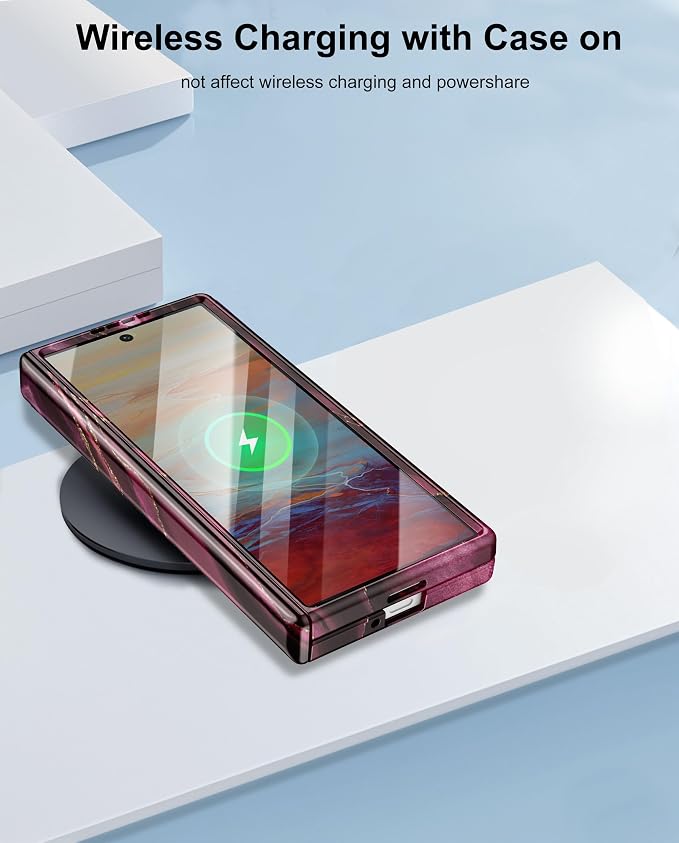 Btscase for Samsung Galaxy Z Fold 6 Case,Built in Front Screen Protector,Gold Glitter Marble Pattern Hard PC Slim Shockproof Full Body Drop Protective Case for Galaxy Z Fold 6 5G, Wine Red